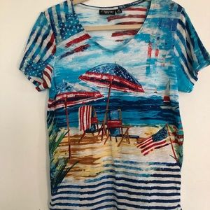 Onque~Rhinestones over a Beautiful Picturesque Design USA Flag Blouse💕